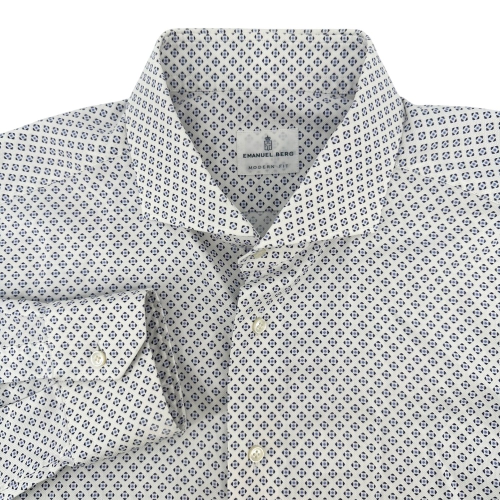 Emanuel Berg Mens XXL 18 Blue White Geometric Diamond Modern Fit Dress Shirt